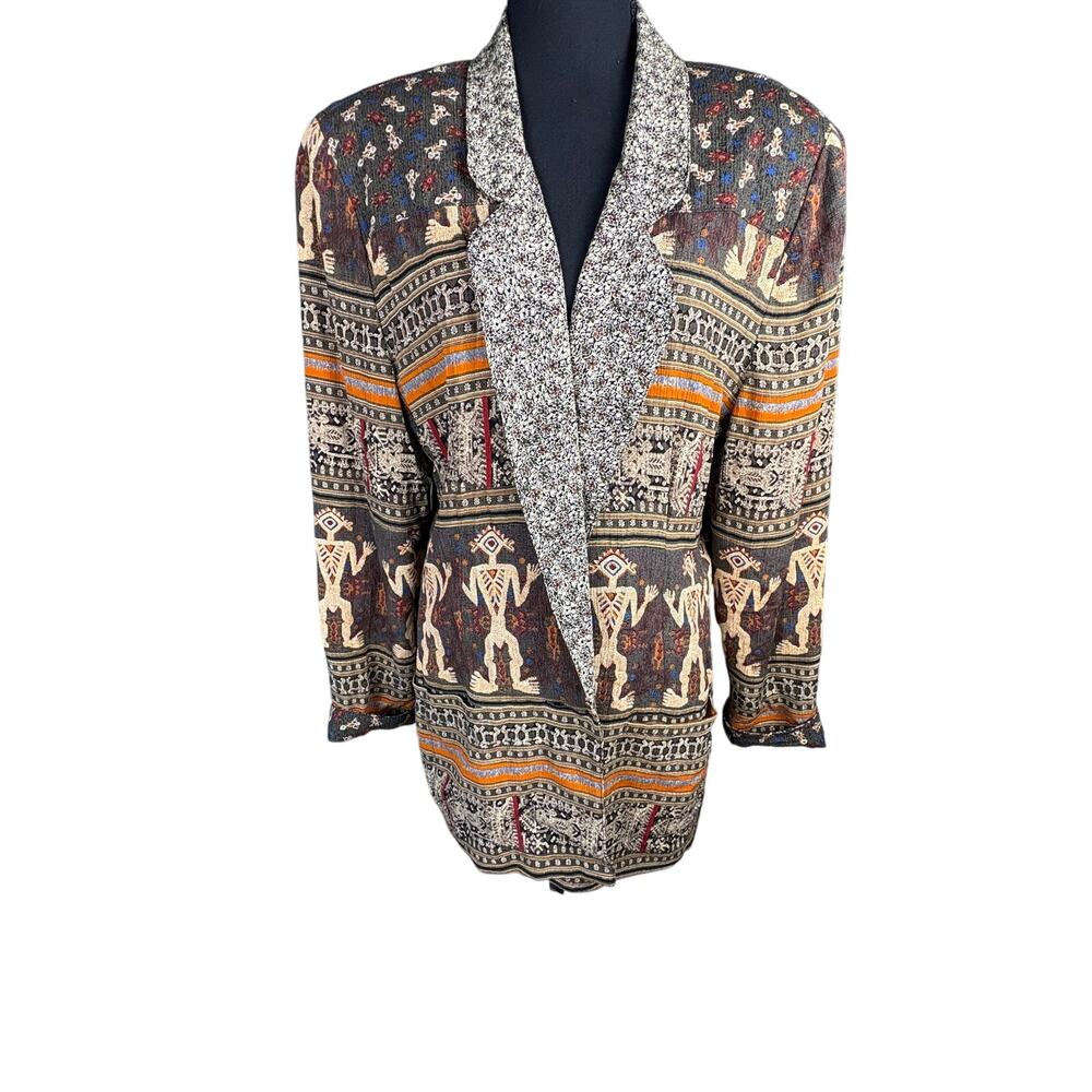 Vintage Platinum Dorothy Schoelen Jacket Pants Set L Rayon Tribal Art to Wear US